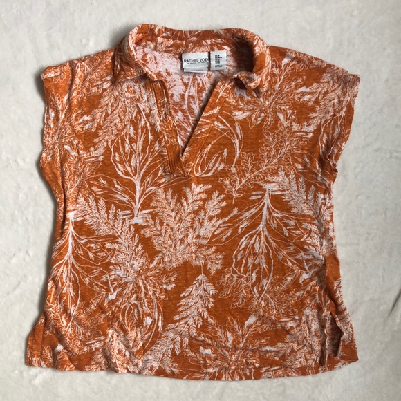 Rachel Zoe Tops - Rachel Zoe Linen Orange Floral Short Sleeve V-Neck Blouse Top